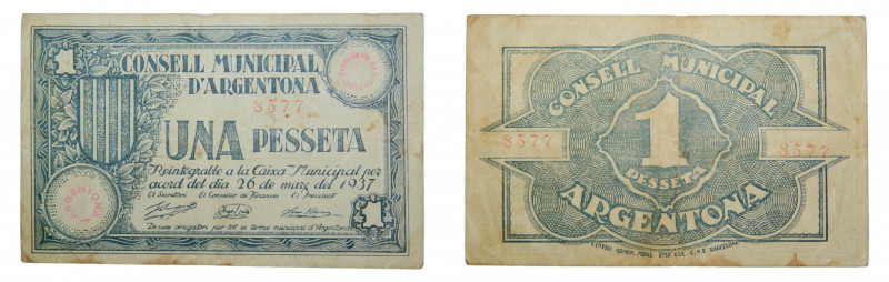 Catalunya. Consell Municipal D´Argentona. 1 pesseta. 26 Marzo 1937. AT-205. Manc...