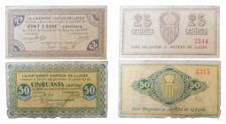 Catalunya. Ajuntament d´Artesa de Lleida. Lote 2 billetes de 25 y 50 cèntims. 20 juny 1937. AT-230, 231. 
mbc- a mbc+