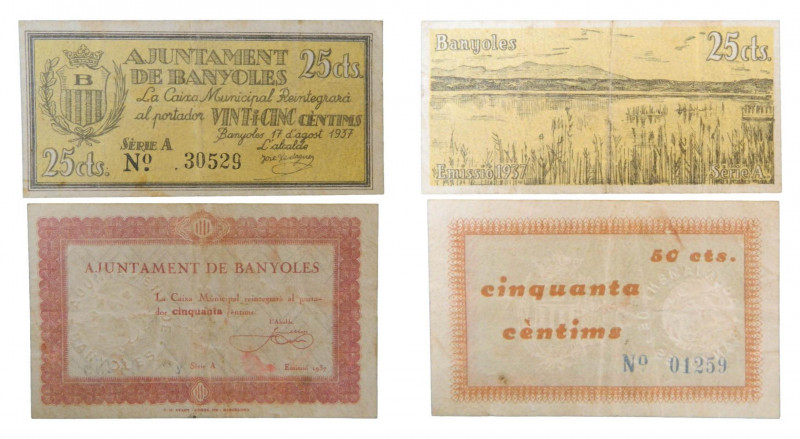 Catalunya. Ajuntament de Banyoles. Lote 2 billetes 50 y 25 cèntims. 1937. AT-289...