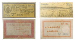 Catalunya. Ajuntament de Banyoles. Lote 2 billetes 50 y 25 cèntims. 1937. AT-289a y 291.
mbc+