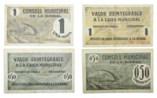 Catalunya. Consell Municipal de la Bisbal. Lote 2 billetes 50 cèntims y 1 pesseta. AT-447, 448. Uno pequeñas roturas en margen. 
mbc y mbc+