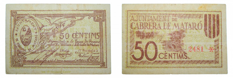 Catalunya. Ajuntament de Cabrera de Mataró. 50 cèntims. AT-561. Pequeñas roturas...