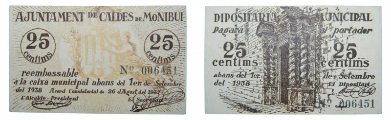 Catalunya. Ajuntament de Caldes de Montbui. 25 cèntims. 26 agost 1937. AT-599. T...