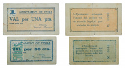 Catalunya. Ajuntament de Foixà. Lote 2 billetes 50 cèntims y 1 pesseta. Maig 1937. AT-1028, 1029. Uno con pequeñas roturas. 
mbc