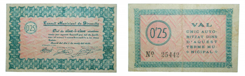 Catalunya. Consell Municipal de Gironella. 0,25 cèntims. 7 maig 1937. AT-1129a....