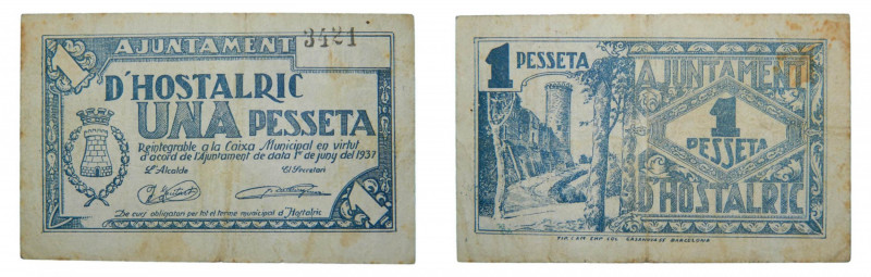 Catalunya. Ajuntament d´Hostalric. 1 pesseta. 1er juny 1937. AT-1248.
mbc