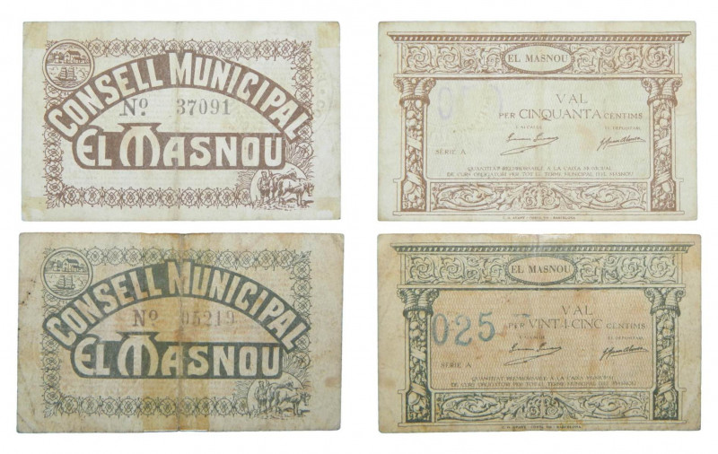 Catalunya. Consell Municipal d´El Masnou. Lote 2 billetes 25 y 50 cèntims. AT-14...