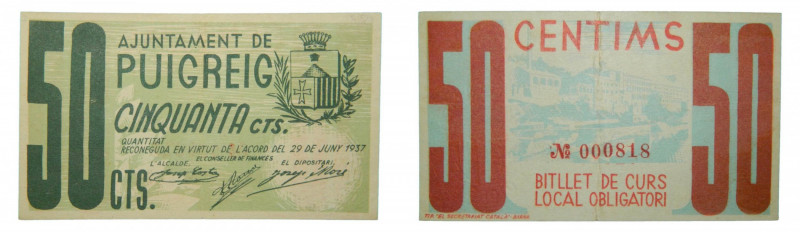 Catalunya. Ajuntament de Puigreig. 50 cèntims. 29 juny 1937. AT-2042a. 
ebc