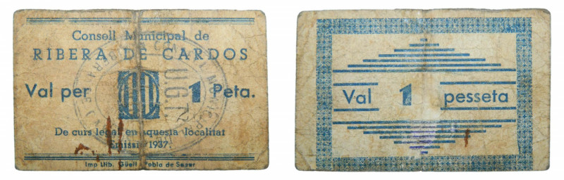 Catalunya. Consell Municipal de Cardos. 1 pesseta. Emissió 1937. AT-2104b. Muy e...