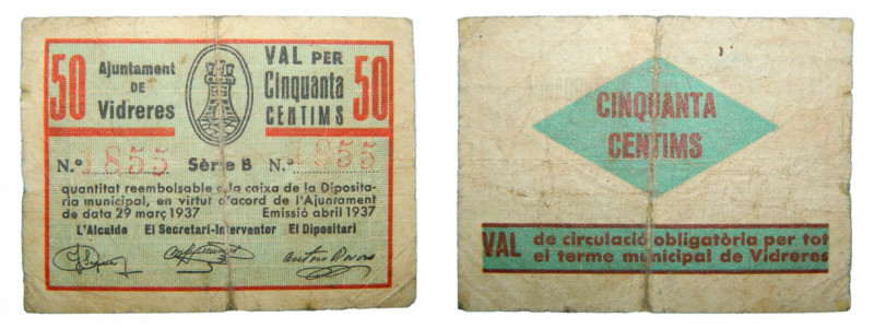 Catalunya. Ajuntament de Vidreres. 50 cèntims. Abril 1937. AT-2739. 
mbc-