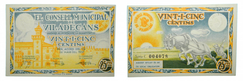 Catalunya. Consell Municipal de Viladecans. 25 cèntims. 14 maig 1937. AT-2769. ...