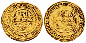 Almoravids. Ali ibn yusuf with heir Tashfin. Dinar. 499 H. Madinat Qurtuba (Cordoba). Abbasids. (Vives-No cita). Au. 4,01 g. Apparently unique and unp...