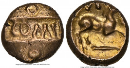 BRITAIN. Regini-Atrebates. Verica (ca. AD 10-40). AV quarter-stater (9mm, 1.02 gm, 11h). NGC AU 3/5 - 4/5. First coinage, ca. AD 10-20. COM F, legend ...