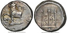 THRACE. Byzantium. Ca. 387-340 BC. AR hemidrachm (12mm, 1.85 gm, 6h). NGC XF 4/5 - 4/5. Bull standing left on dolphin left; ΠY above, monogram below /...