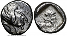 IONIA. Clazomenae. Ca. 5th Century BC. AR diobol (11mm, 10h). NGC Choice VF. Forepart of winged boar right / Helmeted head of Athena right. Rosen 564....