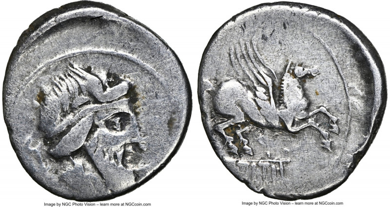 Q. Titius (90 BC). AR denarius (19mm, 3.67 gm, 7h). NGC Fine, brushed, scratches...