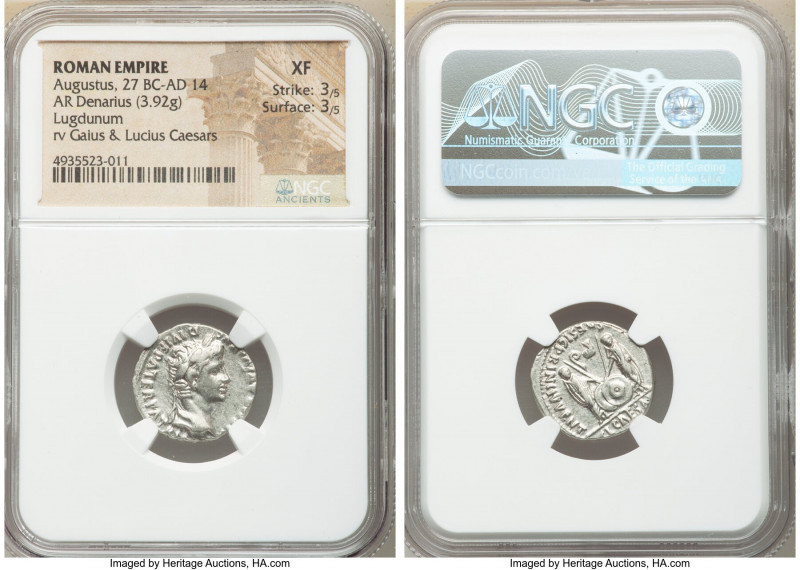 Augustus (27 BC-AD 14). AR denarius (18mm, 3.92 gm, 11h). NGC XF 3/5 - 3/5. Lugd...