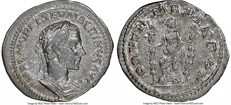 Macrinus (AD 217-218). AR denarius (21mm, 7h). NGC XF. Rome, April-December AD 2...