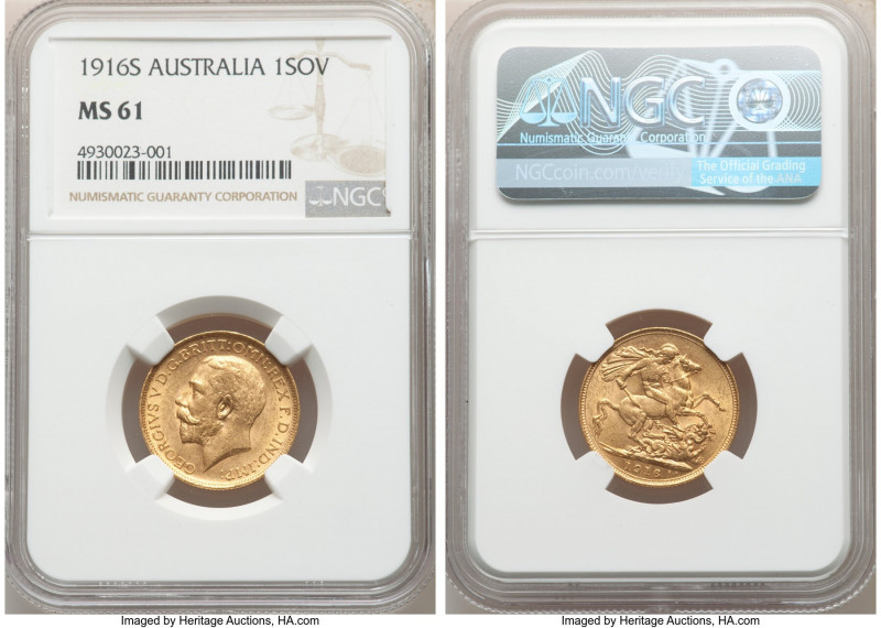 George V gold Sovereign 1916-S MS61 NGC, Sydney mint, KM29. AGW 0.2355 oz. 

H...