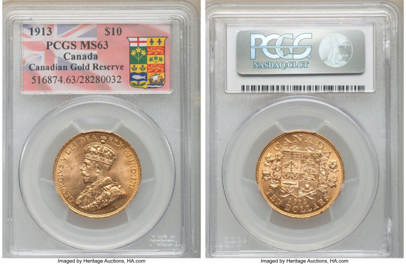 George V gold 10 Dollars 1913 MS63 PCGS, Ottawa mint, KM27. AGW 0.4838 oz. 

H...