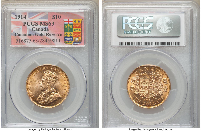 George V gold 10 Dollars 1914 MS63 PCGS, Ottawa mint, KM27. AGW 0.4837 oz. 

H...