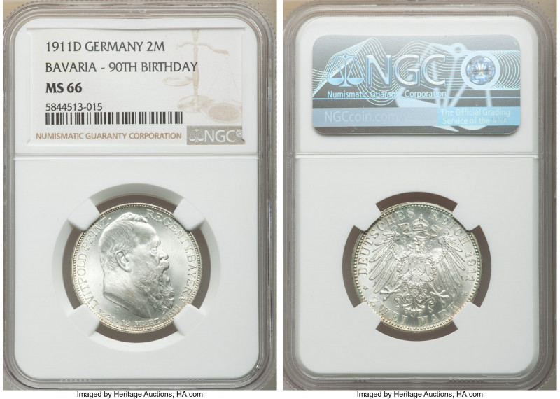 Bavaria. Otto 2 Mark 1911-D MS66 NGC, Munich mint, KM997. Commemorates 90th Birt...