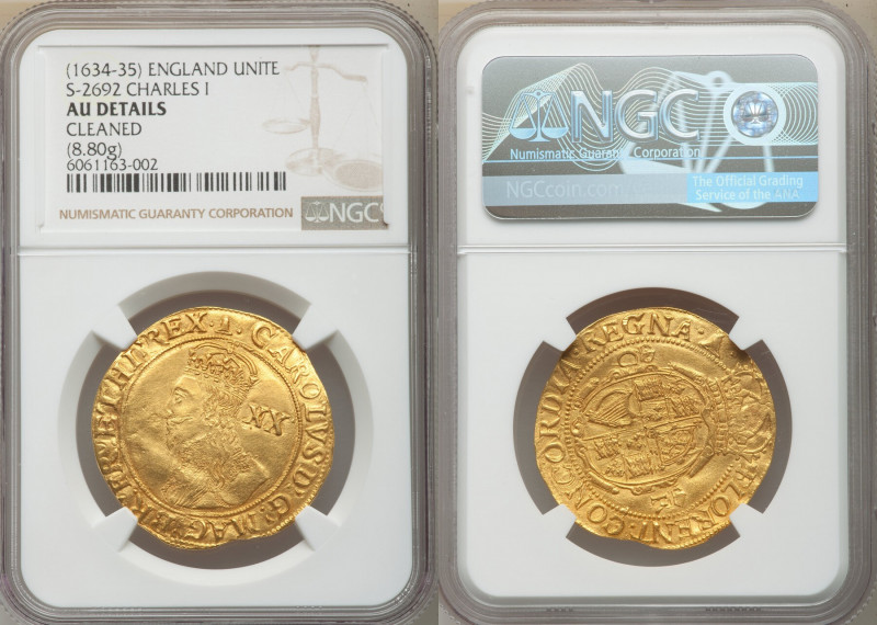 Charles I gold Unite ND (1634-1635) AU Details (Cleaned) NGC, Tower mint, Bell m...