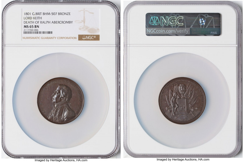 "Lord Keith - Death of Ralph Abercromby" bronze Medal 1801 MS65 Brown NGC, BHM-5...