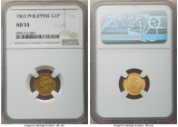 Spanish Colony. Isabel II gold Peso 1863 AU53 NGC, Manila mint, KM142, Cal-823. Honeyed-gold patination fills the lightly reflective fields of this ge...