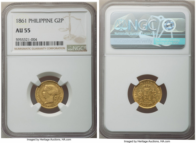 Spanish Colony. Isabel II gold 2 Pesos 1861 AU55 NGC, Manila mint, KM143, Cal-83...