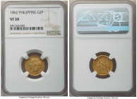 Spanish Colony. Isabel II gold 2 Pesos 1864 VF30 NGC, Manila mint, KM143, Cal-844. A charming mid-grade example erroneously labeled as 1862 on the ins...