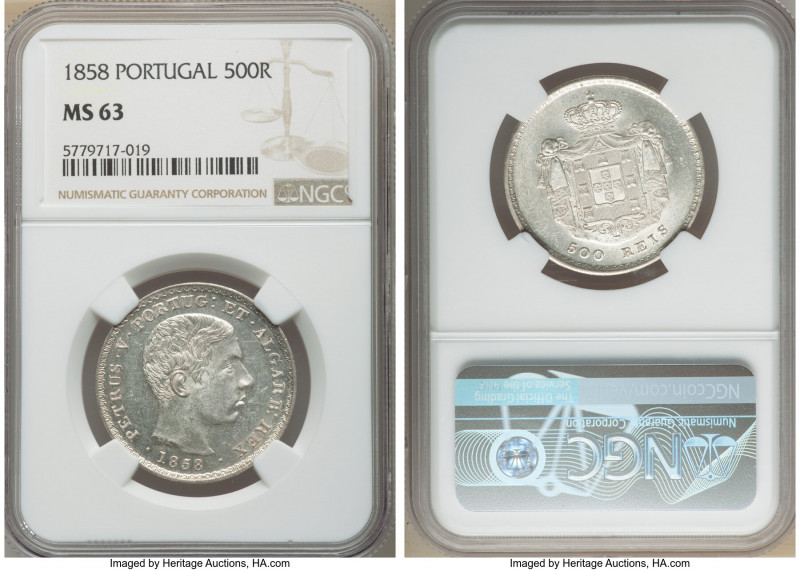 Pedro V 500 Reis 1858 MS63 NGC, Paris mint, KM498. Lustrous and bright with ligh...