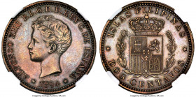 Spanish Colony. Alfonso XIII copper Proof Pattern 2 Centavos 1894 PR63 Brown NGC, Manila mint, KM-Pn19, Cay-17663, Cal-121, Basso-92 (Extremely Rare)....