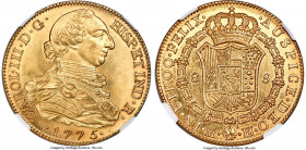 Charles III gold 8 Escudos 1775 M-PJ MS65+ NGC, Madrid mint, KM409.1, Cal-1961, Cay-12863, Onza-726 (Rare). Variety will pellet between assayer's init...