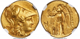 MACEDONIAN KINGDOM. Alexander III the Great (336-323 BC). AV stater (18mm, 8.58 gm, 12h). NGC AU 5/5 - 4/5. Early posthumous issue of Lampsacus, ca. 3...