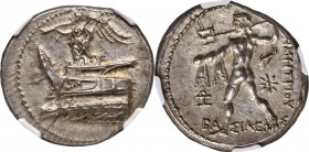 MACEDONIAN KINGDOM. Demetrius I Poliorcetes (306-283 BC). AR tetradrachm (28mm, 17.18 gm, 11h). NGC MS 4/5 - 5/5. Pella, 294-293 BC. Nike standing lef...