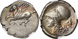 ACARNANIA. Leucas. 4th-3rd centuries BC. AR stater (23mm, 8.55 gm, 8h). NGC AU S 5/5 - 5/5. Pegasus with pointed wing flying left; Λ below / Head of A...