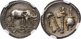 Julius Caesar, as Dictator (49-44 BC). AR denarius (18mm, 3.85 gm, 7h). NGC AU 5/5 - 5/5. Military mint traveling with Caesar in northern Italy, ca. 4...
