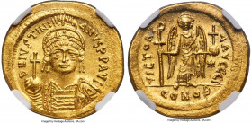 Justinian I the Great (AD 527-565). AV solidus (21mm, 4.48 gm, 6h). NGC Choice MS 5/5 - 4/5. Constantinople, 10th officina, ca. AD 545-565. D N IVSTIN...