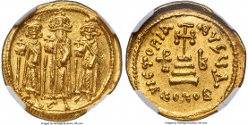 Heraclius (AD 610-641), with Heraclius Constantine and Heraclonas. AV solidus (21mm, 4.43 gm, 6h). NGC Choice MS 5/5 - 5/5. Constantinople, 4th offici...