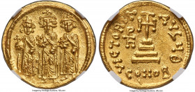 Heraclius (AD 610-641), with Heraclius Constantine and Heraclonas. AV solidus (20mm, 4.43 gm, 6h). NGC Choice MS 5/5 - 5/5. Constantinople, 9th offici...