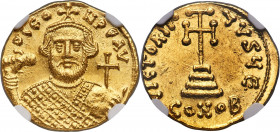 Leontius (AD 695-698). AV solidus (19mm, 4.48 gm, 6h). NGC Gem MS 5/5 - 5/5. Constantinople, 5th officina. D LЄO-N PЄ AV, bust of Leontius facing, bea...