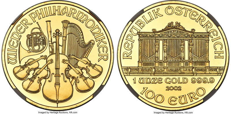 Republic gold "Vienna Philharmonic" 100 Euros 2002 MS70 NGC, Vienna mint, KM3095...