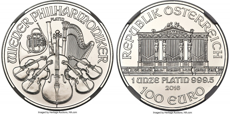 Republic platinum "Vienna Philharmonic" 100 Euro 2016 MS69 NGC, KM-Unl. Early Re...