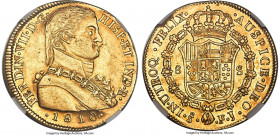 Ferdinand VII gold 8 Escudos 1810 So-FJ AU58 NGC, Santiago mint, KM72, Cal-1863. Exceedingly bright and of alluring quality for the type, with a sheen...