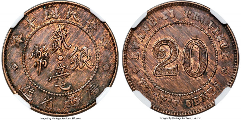 Kwangsi. Republic copper Pattern 20 Cents Year 10 (1921) MS62 Brown NGC, KM-Pn7,...