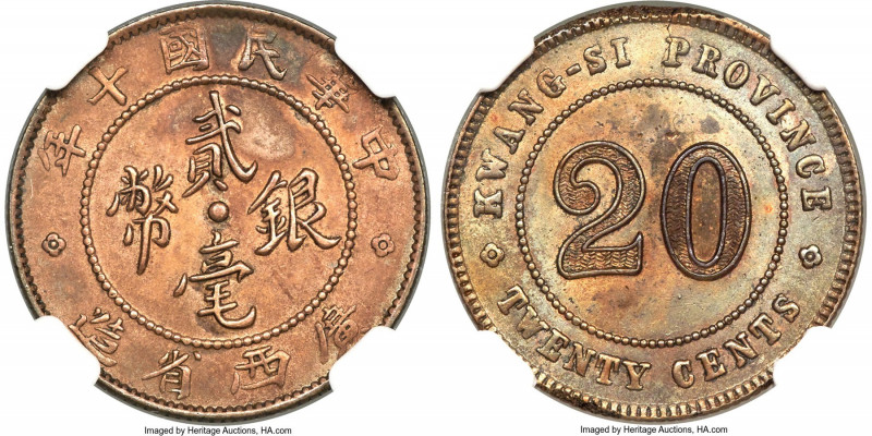 Kwangsi. Republic copper Pattern 20 Cents Year 10 (1921) UNC Details (Corrosion)...