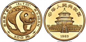 People's Republic gold Panda 100 Yuan (1 oz) 1983 MS68 NGC, Shenyang mint, KM72, PAN-6A, CC-43. Mintage: 25,363. A charming and largest issue Panda fr...