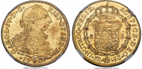 Charles IV gold 8 Escudos 1790 NR-JJ MS61 NGC, Nuevo Reino mint, KM53.1, Cal-1717. Bordered by well-defined, bold rims, creating a balanced visual fra...