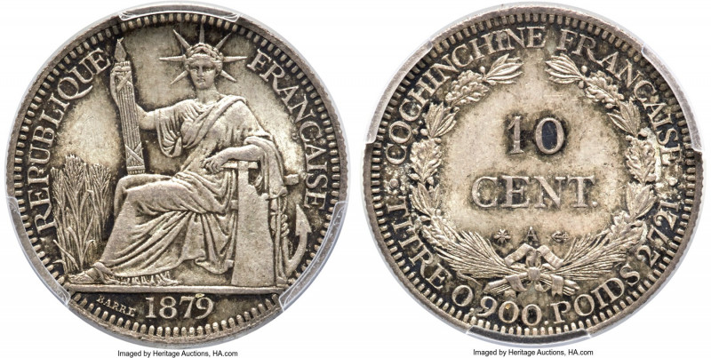 French Colony 10 Cents 1879-A MS65 PCGS, Paris mint, KM4, Lec-17, Gad-5. A capti...
